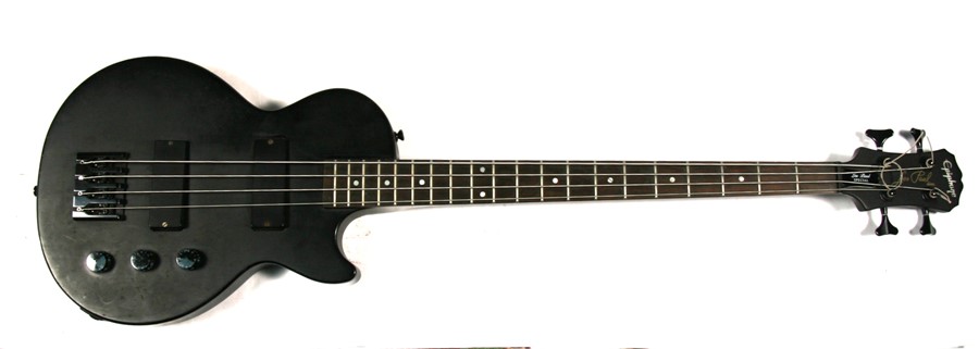 An Epiphone Les Paul Special electric bass guitar.