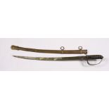 A 19th century child's cavalry sword in its brass scabbard, with the initial "M" to the