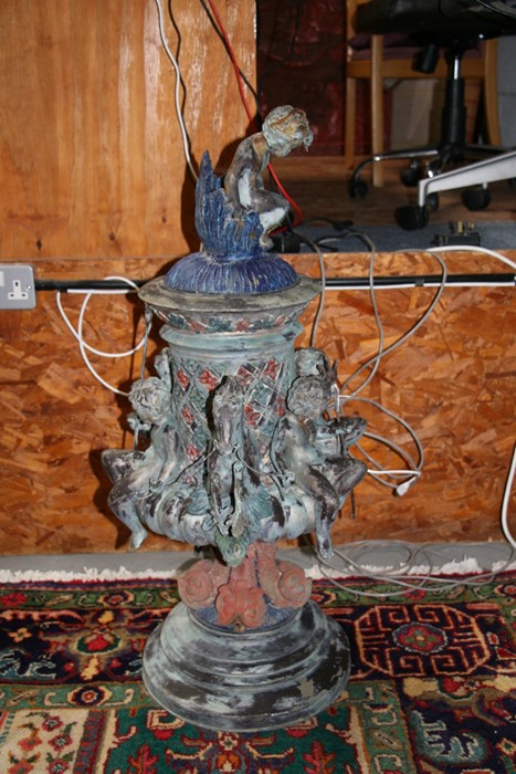 A bronzed centre piece decorated with hippocampus and cherubs, surmounted with a further cherub - Image 6 of 6