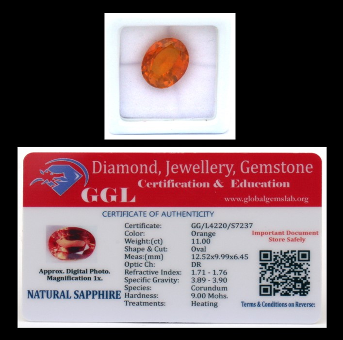 A natural sapphire loose gemstone with GGL certificate report stating the sapphire to be 7.55cts,