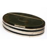 A Georgian tortoiseshell and white metal banded oval snuff box. 10cm (4 ins) wide