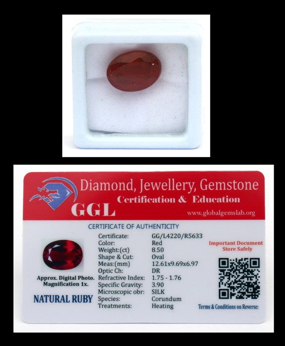 A natural ruby loose gemstone with GGL certificate report stating the ruby to be 8.50cts, oval cut