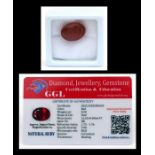 A natural ruby loose gemstone with GGL certificate report stating the ruby to be 8.50cts, oval cut