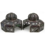A pair of Persian influence pierced brass and coloured glass ceiling lights of octagonal form,
