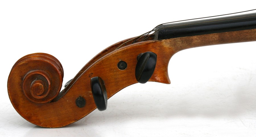 A one-piece backed violin and bow, the back 35.5cms (14ins) long, in a pine carry case. - Image 7 of 10