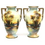 A pair of Noritake twin handled vases decorated with river scene, blue backstamp to the underside.