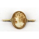 A yellow metal (tests as gold) cameo bar brooch, the cameo 28mm high.