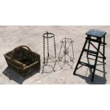 A rectangular wicker bread basket, together with small painted step ladder (24.6ins high when