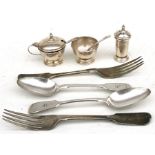 A silver cruet set together with a quantity of silver and plated cutlery
