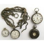 Three silver cased pocket watches; together with a silver cased fob watch; and five silver plated