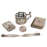 A silver vesta case, two silver bookmarks and other silver items