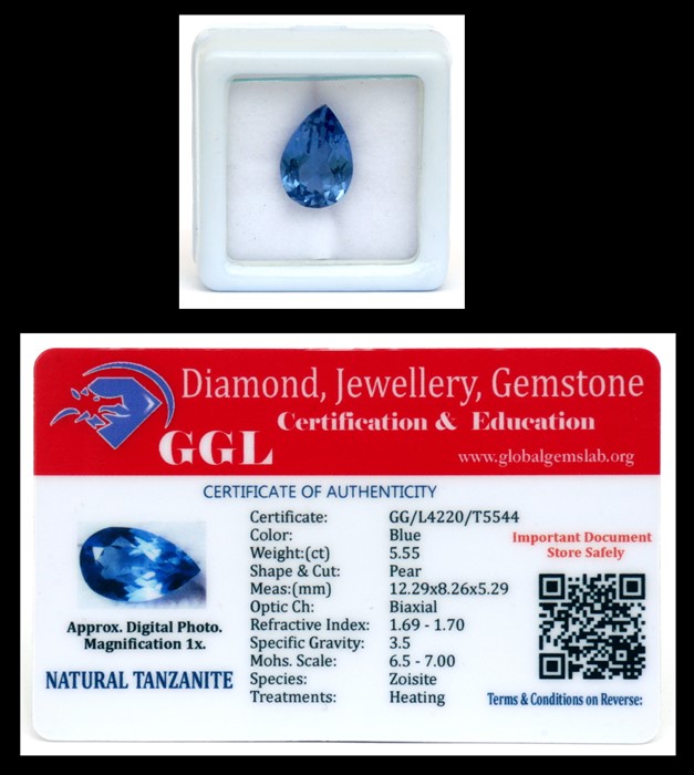 A natural tanzanite loose gemstone with GGL certificate report stating the tanzanite to be 5.