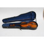 A one-piece backed violin and bow, the back 35.5cms (14ins) long, in a pine carry case.