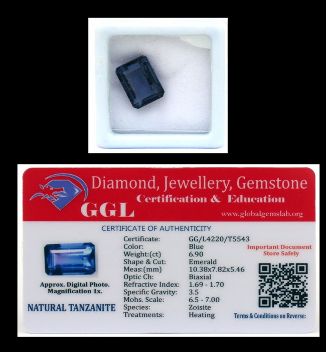 A natural tanzanite loose gemstone with GGL certificate report stating the tanzanite to be 6.9cts,