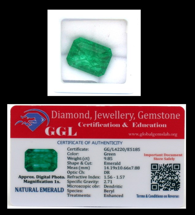 A natural emerald loose gemstone with GGL certificate report stating the emerald to be 9.85cts,