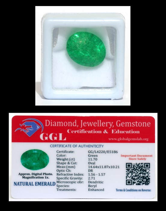 A natural emerald loose gemstone with GGL certificate report stating the emerald to be 11.70cts,