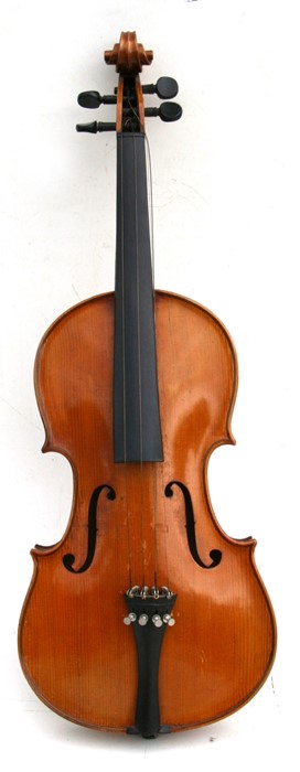 A one-piece backed violin and bow, the back 35.5cms (14ins) long, in a pine carry case. - Image 5 of 10