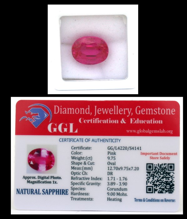 A natural sapphire loose gemstone with GGL certificate report stating the sapphire to be 9.75cts,