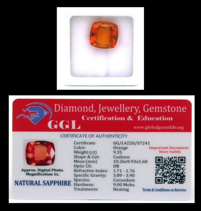 A natural sapphire loose gemstone with GGL certificate report stating the sapphire to be 9.35cts,