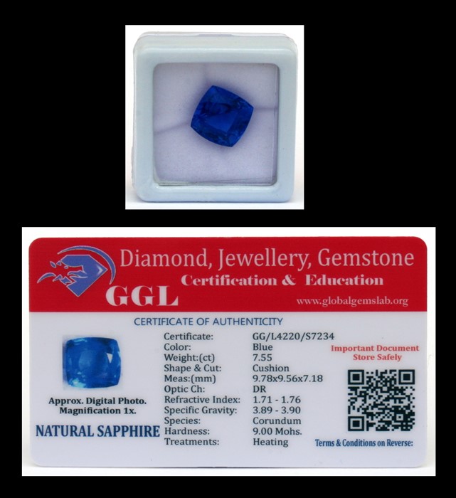 A natural sapphire loose gemstone with GGL certificate report stating the sapphire to be 7.55cts,