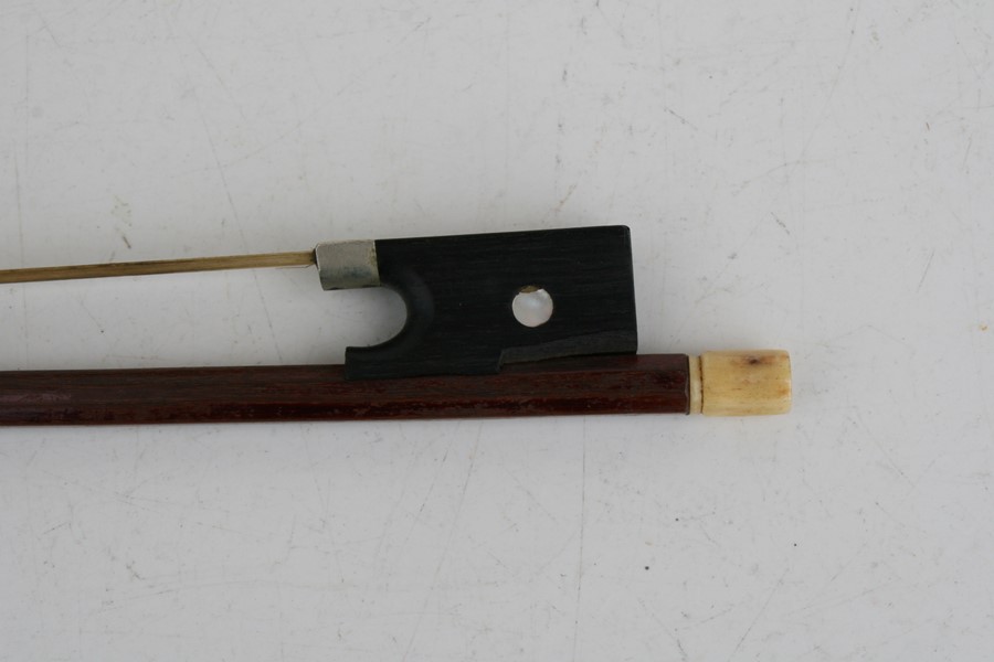 A one-piece backed violin and bow, the back 35.5cms (14ins) long, in a pine carry case. - Image 3 of 10