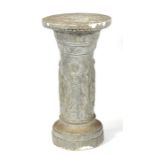 A grey painted plaster column decorated in relief with classical figures, 86cms (34ins) high.