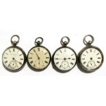 Four Victorian silver cased open faced pocket watches with white enamel dials, having Roman numerals