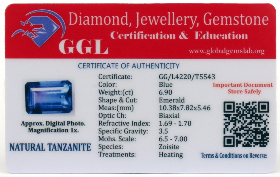 A natural tanzanite loose gemstone with GGL certificate report stating the tanzanite to be 6.9cts, - Image 2 of 2