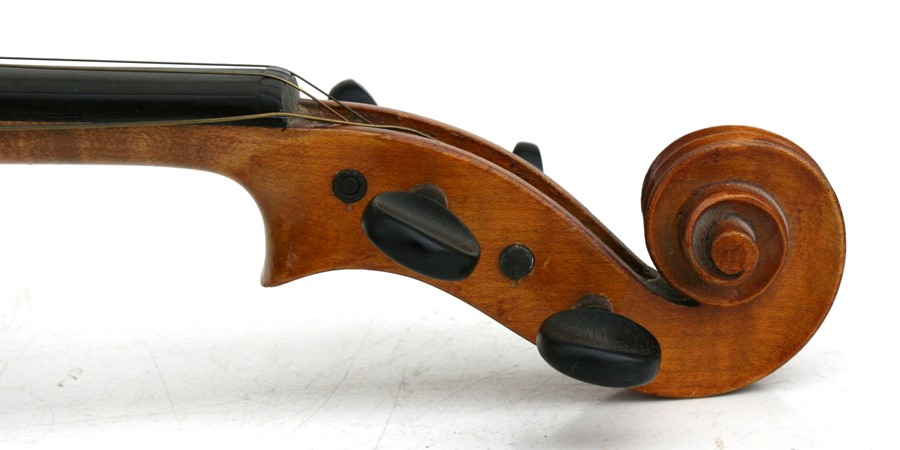 A one-piece backed violin and bow, the back 35.5cms (14ins) long, in a pine carry case. - Image 8 of 10