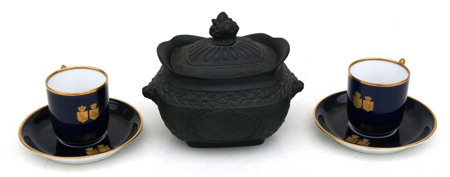 A Victorian black basalt sugar bowl and cover 'India, Portugal & Spain, Vittoria 21st June 1813'