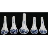 A set of five Chinese blue and white spoons, (probably Ming) each decorated with three figures. 13cm