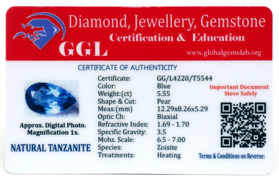 A natural tanzanite loose gemstone with GGL certificate report stating the tanzanite to be 5. - Image 2 of 2