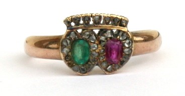 A Victorian rose gold (tested) Luckenbooth ring, two hearts under a crown, emerald and ruby