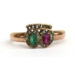 A Victorian rose gold (tested) Luckenbooth ring, two hearts under a crown, emerald and ruby