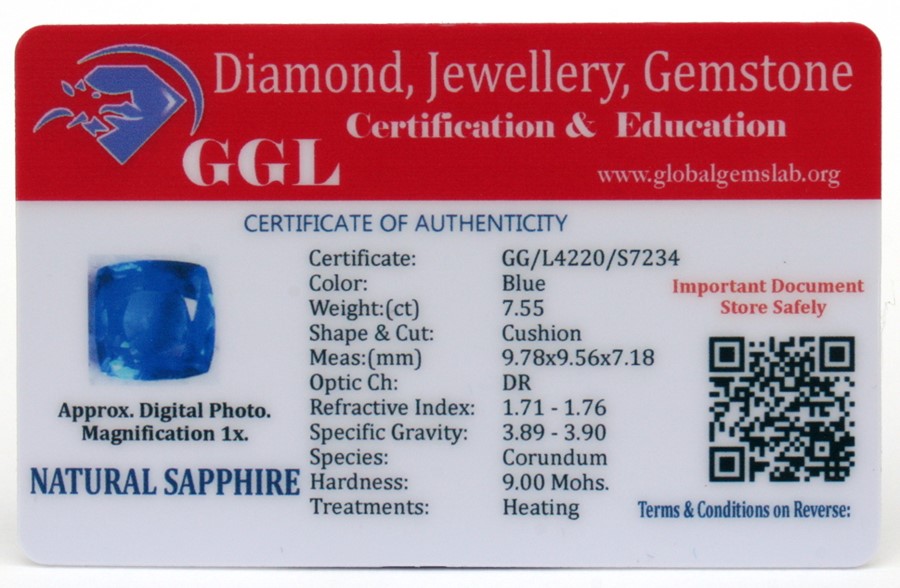 A natural sapphire loose gemstone with GGL certificate report stating the sapphire to be 7.55cts, - Image 2 of 3