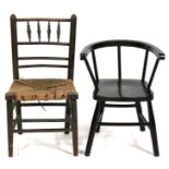 An elm children's chair with rush seat together with another children's chair (2)