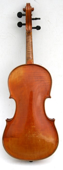 A one-piece backed violin and bow, the back 35.5cms (14ins) long, in a pine carry case. - Image 6 of 10