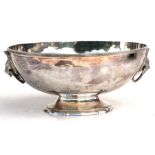 A Reed & Barten silver plated oval bowl with two lion mask handles. 28cm (11 ins) wide