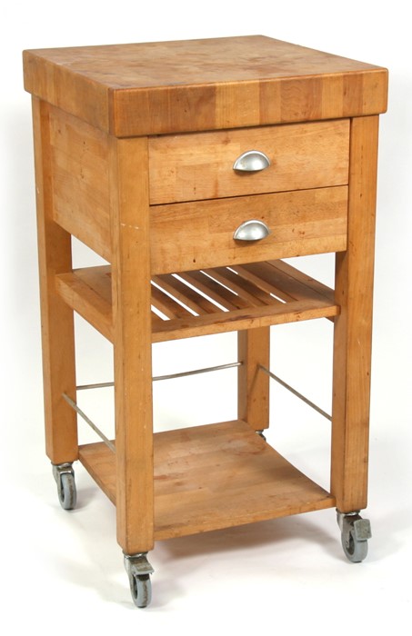A modern pine butchers block with two drawers and undertier. 51cm (20 ins) wide