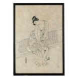 A Japanese print depicting a young robed lady, four character mark lower left, framed & glazed, 25