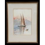 Vevey - Seascape with Two-Masted Fishing Boat and Mountains in the Background - signed & dated '90