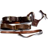 Two military leather belts and a leather frog.