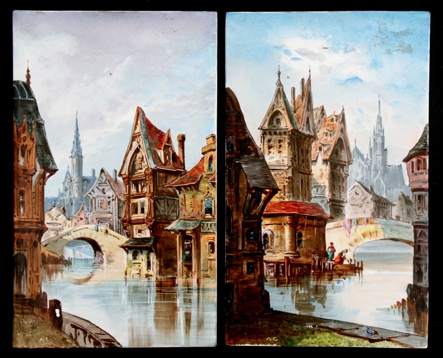 A pair of continental hand painted porcelain plaques depicting town river scenes, with retailers