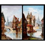 A pair of continental hand painted porcelain plaques depicting town river scenes, with retailers