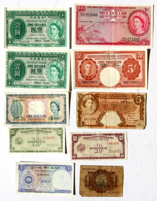 A quantity of world bank notes to include British Caribbean Territories 1 dollar; Government of