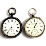 Two silver cased open faced pocket watches, both with white enamel dials, Roman numerals and