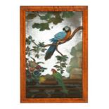 An 18th century Chinese Export reverse painted mirror depicting parrots and foliage, mounted in a
