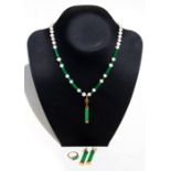 A Chinese silver gilt pearl & jade like suite of jewellery, to include drop earrings, necklace and