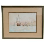 Seascape - Harbour Scene with Central Masted Sailing Ship - initialled 'JC' lower right,