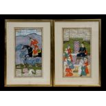 A pair of Mogul style watercolour paintings depicting a hunting scene and a court scene, framed &